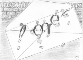 drawing of women in prison jerseys in a large envelope sending letters, with a concrete wall topped with barbed wire in the background