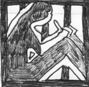Drawing of a woman writing, with bars in the background